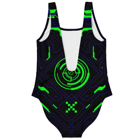 Cyber circuit rave swimsuit back view with radar symbol and plunge cutout