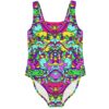 One-piece swimsuit with mirrored acid trip swirl pattern in pink teal and yellow, front view