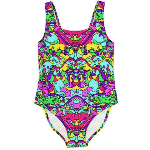 One-piece swimsuit with mirrored acid trip swirl pattern in pink teal and yellow, front view