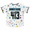 Back view of white rave jersey with bold Barely Alive 413 text over geometric pattern