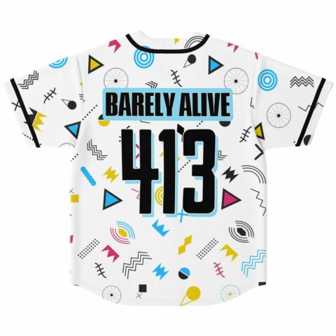 Back view of white rave jersey with bold Barely Alive 413 text over geometric pattern
