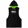 Black and green rave sleeveless hoodie with lettering printed on it