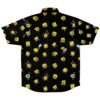 Back view button-down shirt showcasing playful character patterns on black