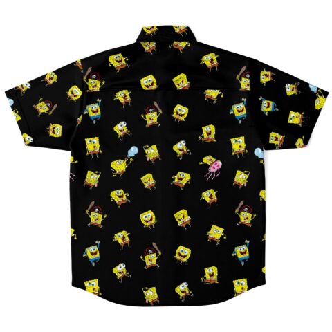 Back view button-down shirt showcasing playful character patterns on black