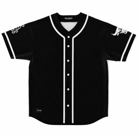 black baseball jersey with white piping and bull sleeve icon front view laid flat