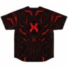 Back view of black jersey showing red circuit lines and X logo between shoulder blades