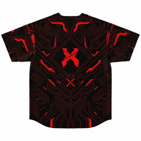 Back view of black jersey showing red circuit lines and X logo between shoulder blades