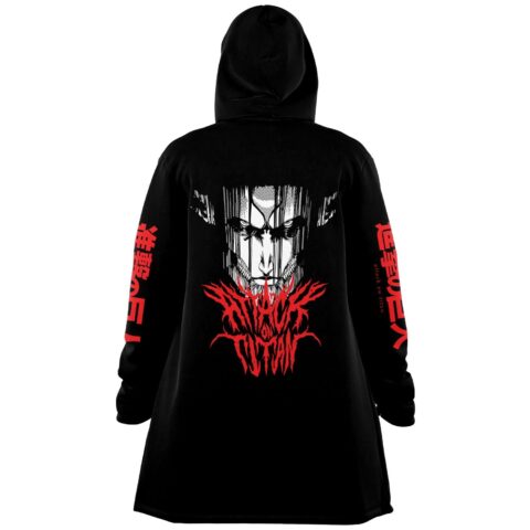 Black hooded cloak back view with anime-inspired titan face and red graffiti-style text