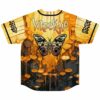 Back view of golden honey drip jersey featuring Wreckno text above an eyed butterfly design