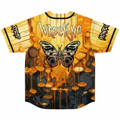 Back view of golden honey drip jersey featuring Wreckno text above an eyed butterfly design