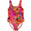 Hot pink abstract psychedelic rave swimsuit with melted marble swirl pattern, front view
