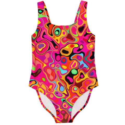 Hot pink abstract psychedelic rave swimsuit with melted marble swirl pattern, front view