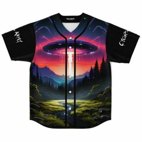 UFO beam over forest baseball jersey front view with Cyclops Army sleeve text