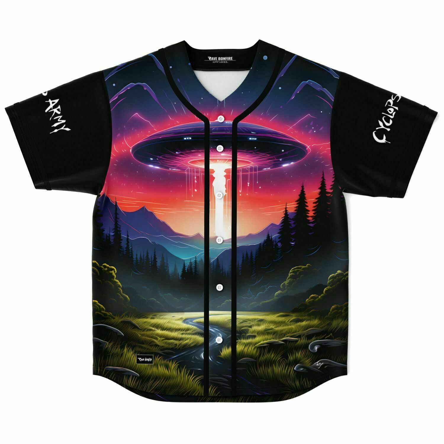 A Cyclops Alien baseball jersey with an image of a spaceship in the sky.