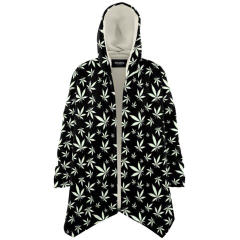 Cannabis leaf print rave cloak front view open with cream fleece lining