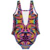 Kaleidoscope leaf print rave swimsuit showing deep back cutout and shoulder straps