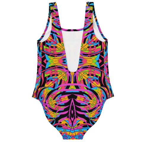 Kaleidoscope leaf print rave swimsuit showing deep back cutout and shoulder straps