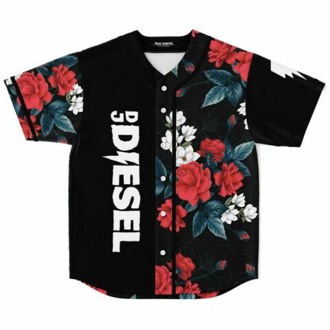 Black dark floral rave baseball jersey with red roses and DJ Diesel text down front