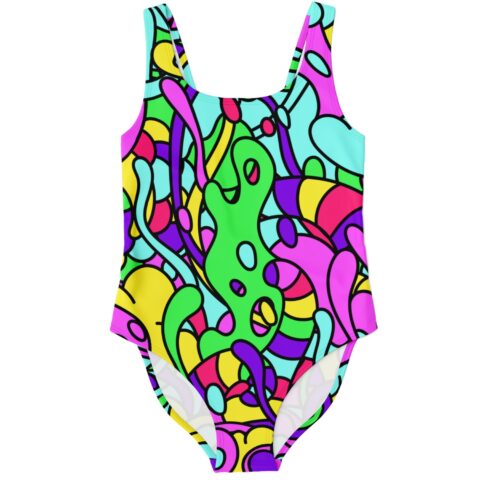 One-piece swimsuit with bold stained-glass abstract rave print, front flat lay