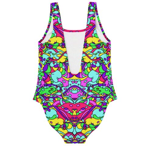 Mirrored abstract swirl swimsuit showing deep back cutout and neon symmetrical print
