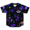 Front view of black rave baseball jersey with mystical mushroom print and celestial symbols, mystic