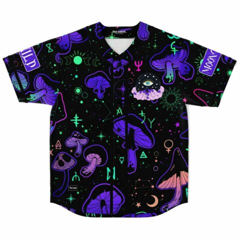 Front view of black rave baseball jersey with mystical mushroom print and celestial symbols, mystic