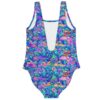 Scoop back one-piece with glowing psychedelic mushroom print, back view showing deep cutout