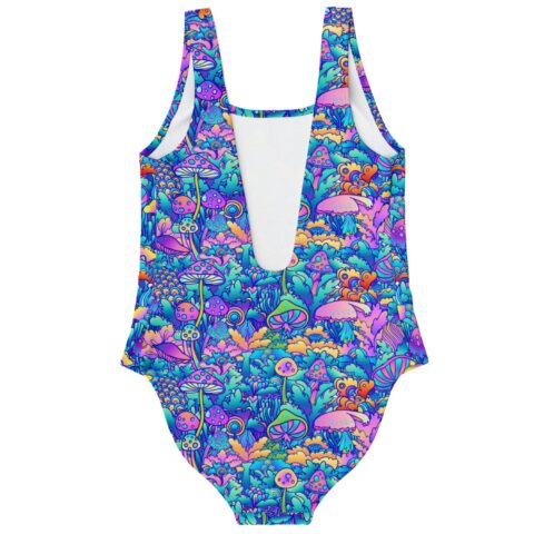 Scoop back one-piece with glowing psychedelic mushroom print, back view showing deep cutout