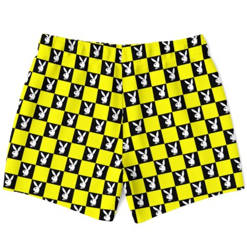 Rear view of checkerboard rave swim trunks showing bunny print and drawstring waist