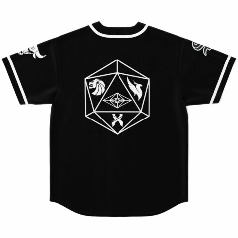geometric rave jersey back view with icosahedron dice design and lion griffin symbols