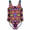 Black mirrored rave swimsuit with neon tropical leaf print flat front view