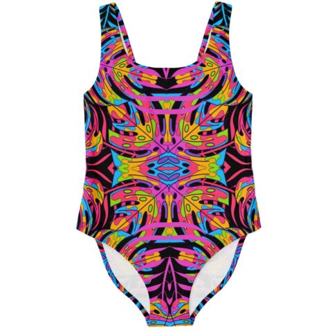 Black mirrored rave swimsuit with neon tropical leaf print flat front view