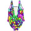 Back view of the stained-glass abstract rave swimsuit showing low scoop back and lining