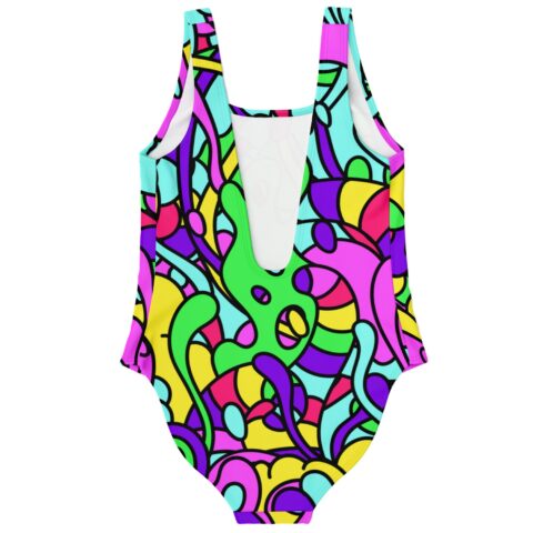 Back view of the stained-glass abstract rave swimsuit showing low scoop back and lining