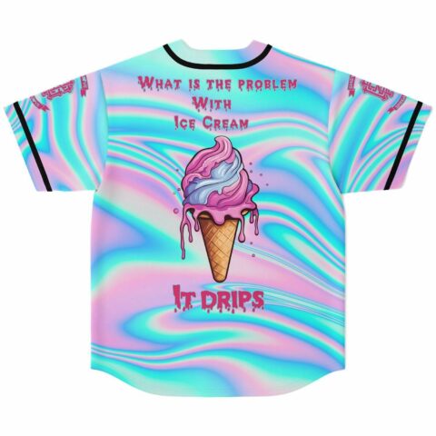 Back view of pastel swirl jersey with dripping ice cream cone graphic, It Drips text