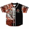 Front view of red black and white tribal demon jersey with monster face graphic