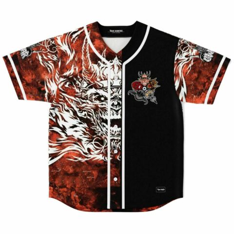 Front view of red black and white tribal demon jersey with monster face graphic