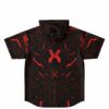 Back view of circuit print hooded jersey with bold red X emblem below the hood