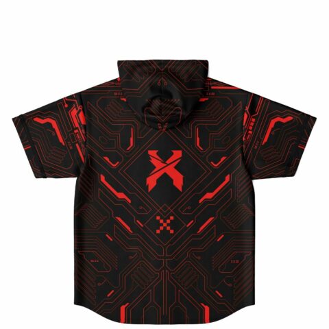 Back view of circuit print hooded jersey with bold red X emblem below the hood