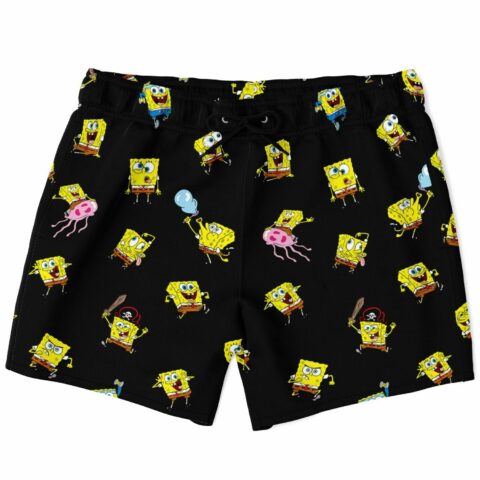 Cartoon-themed swim trunks with yellow sponge character pattern on black, front flat lay