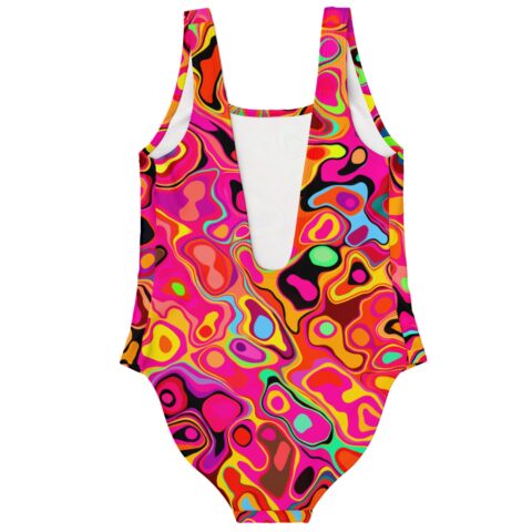 Hot pink psychedelic swirl rave swimsuit showing plunge back cutout and shoulder straps
