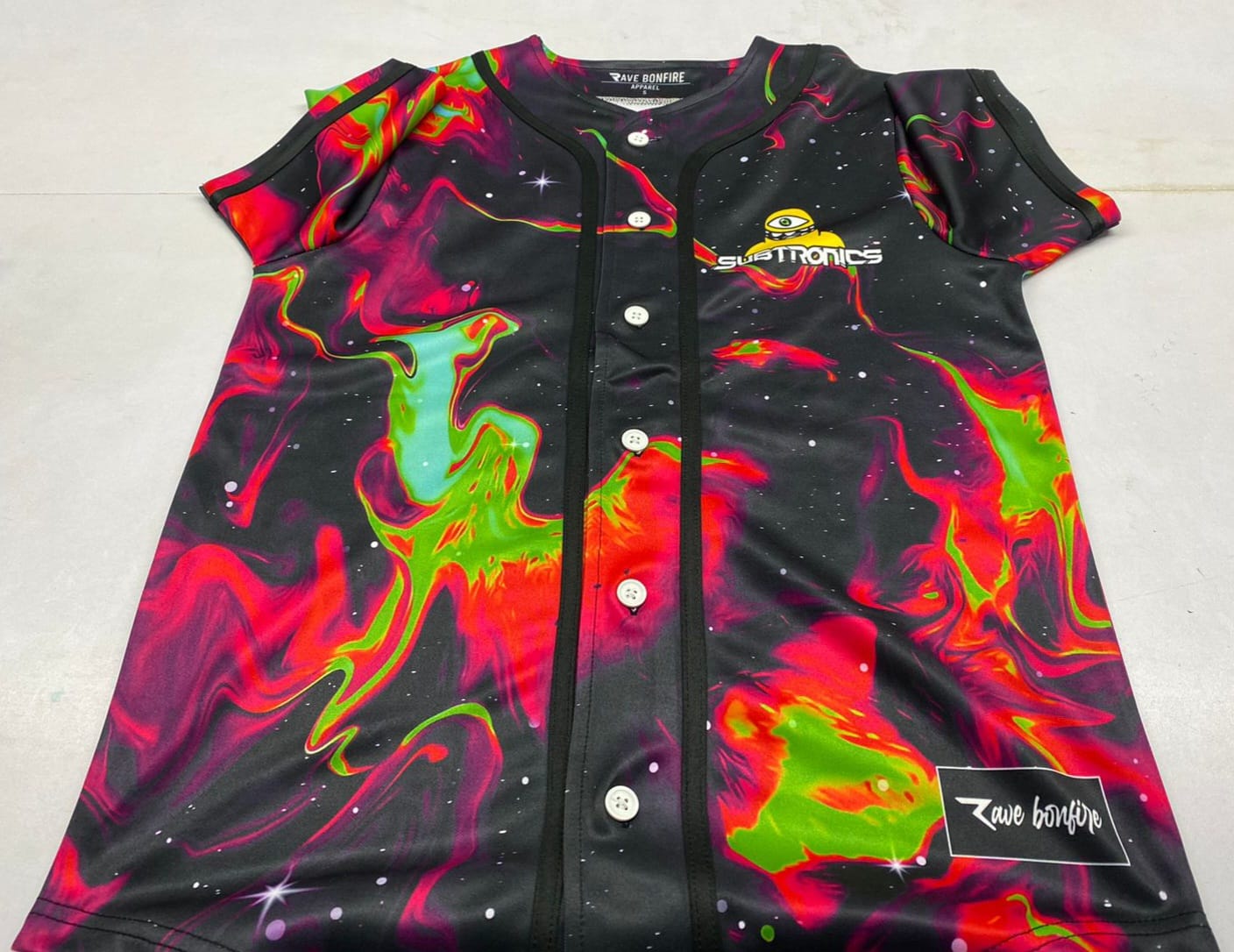 A Cyberpunk Hud Rave Bodysuit with a colorful design on it.