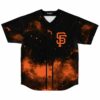 Black galaxy nebula print baseball jersey with orange SF monogram, front view