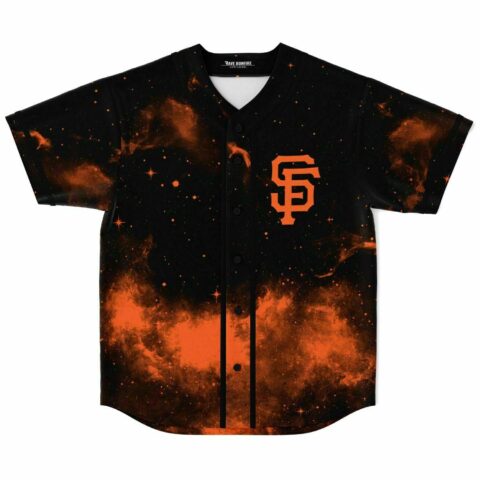 Black galaxy nebula print baseball jersey with orange SF monogram, front view