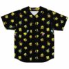 Black baseball jersey with cartoon-inspired sponge character toss print, front view laid flat