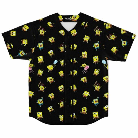 Black baseball jersey with cartoon-inspired sponge character toss print, front view laid flat