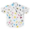 Back view of the white short sleeve rave button-down shirt with geometric patterns