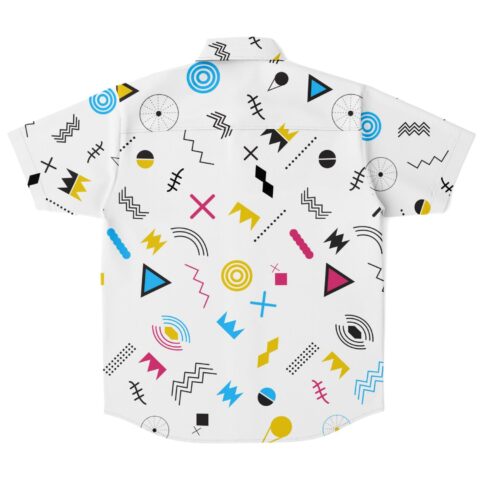 White short sleeve button-down shirt with geometric patterns, back view