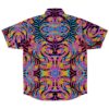 Back view of the leaf pattern rave button-down shirt with an intricate colorful leaf design