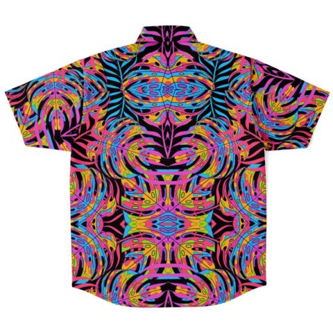 Back view of shirt featuring intricate colorful leaf pattern design